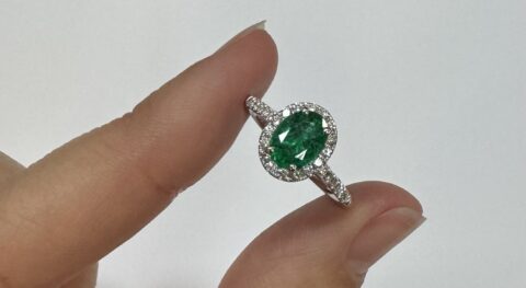 14k White Gold Genuine .91 Cttw Emerald & Diamond Halo Ring