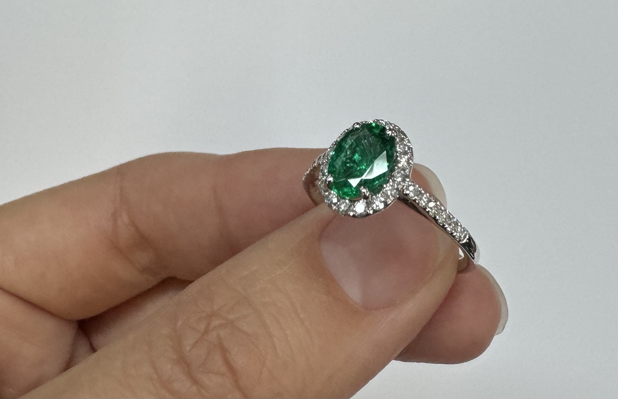 14k White Gold Genuine .91 Cttw Emerald & Diamond Halo Ring - Image 8
