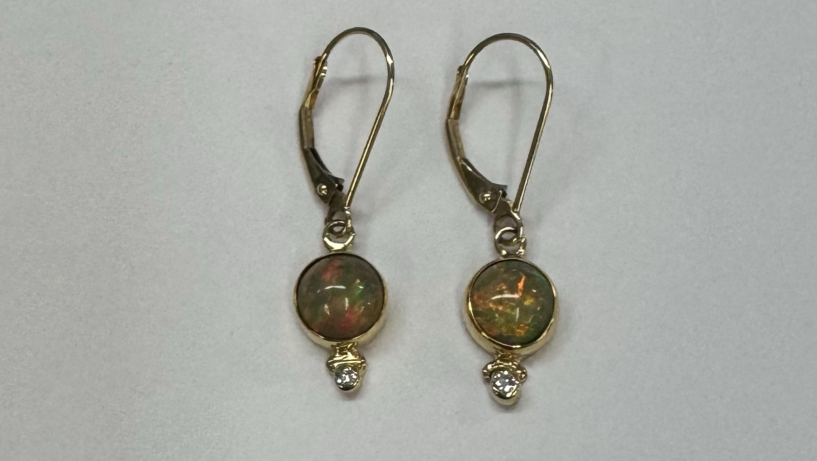 22k Yellow Gold Genuine Ethiopian Opal & Diamond Bezel Set Leverback Dangle Earrings