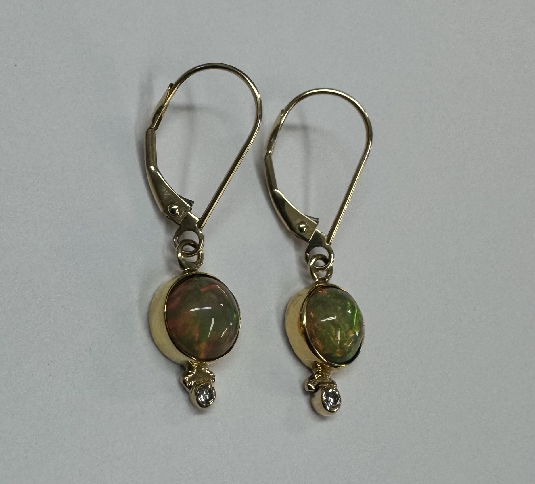22k Yellow Gold Genuine Ethiopian Opal & Diamond Bezel Set Leverback Dangle Earrings - Image 16