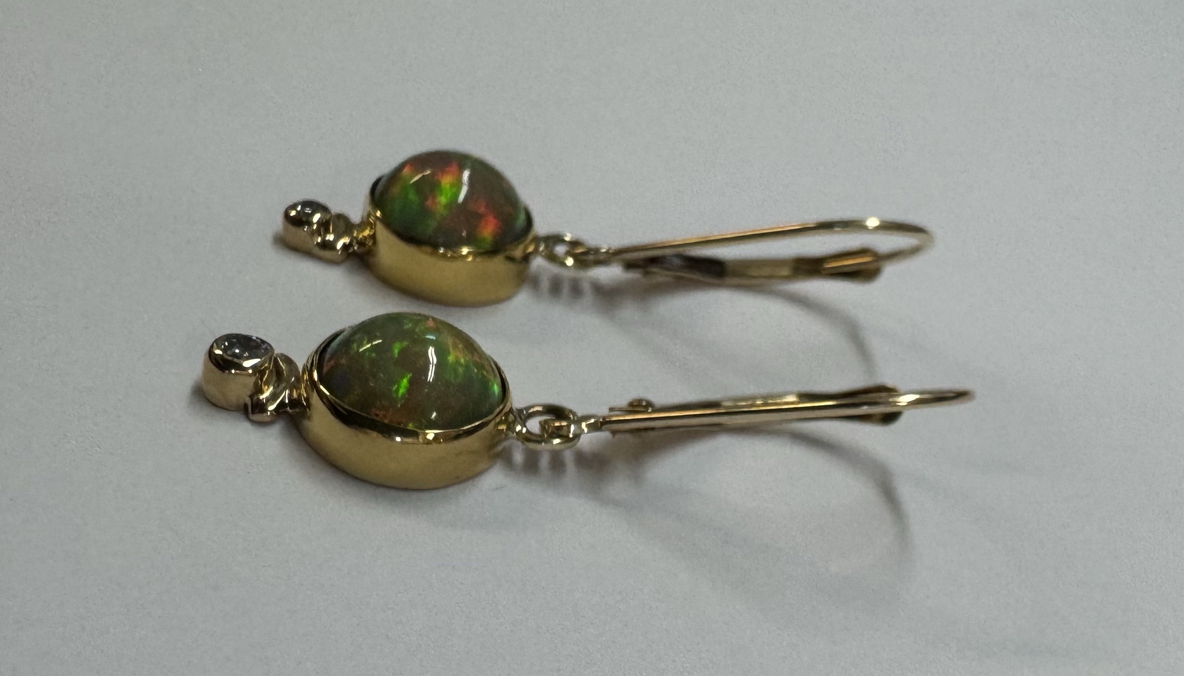 22k Yellow Gold Genuine Ethiopian Opal & Diamond Bezel Set Leverback Dangle Earrings - Image 14