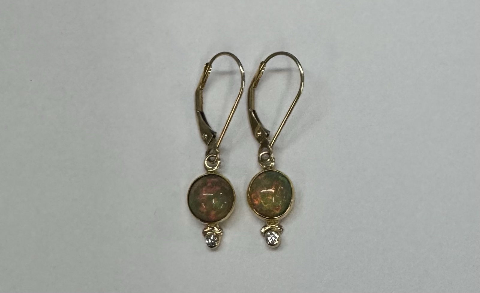 22k Yellow Gold Genuine Ethiopian Opal & Diamond Bezel Set Leverback Dangle Earrings - Image 2