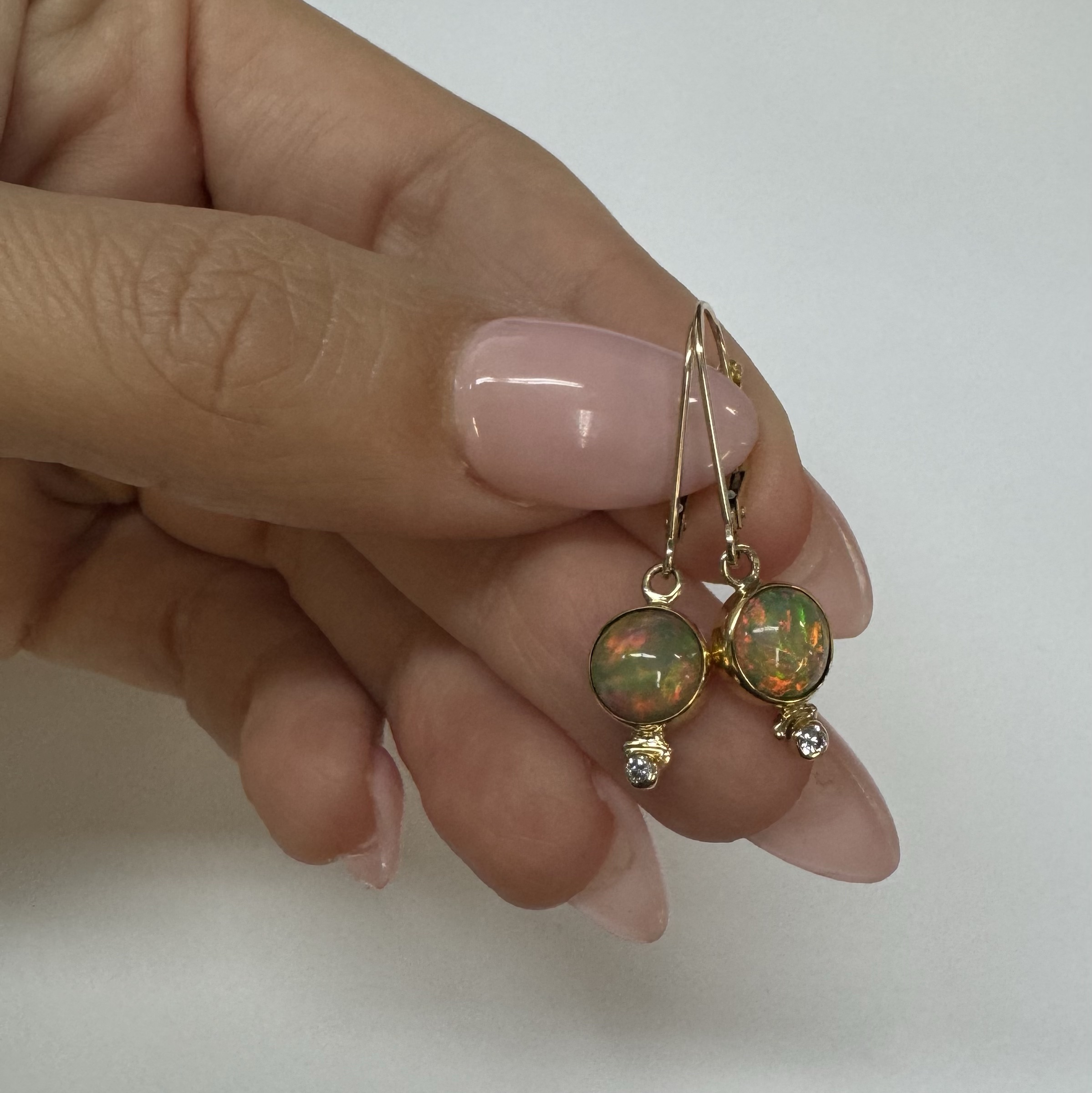 22k Yellow Gold Genuine Ethiopian Opal & Diamond Bezel Set Leverback Dangle Earrings - Image 3