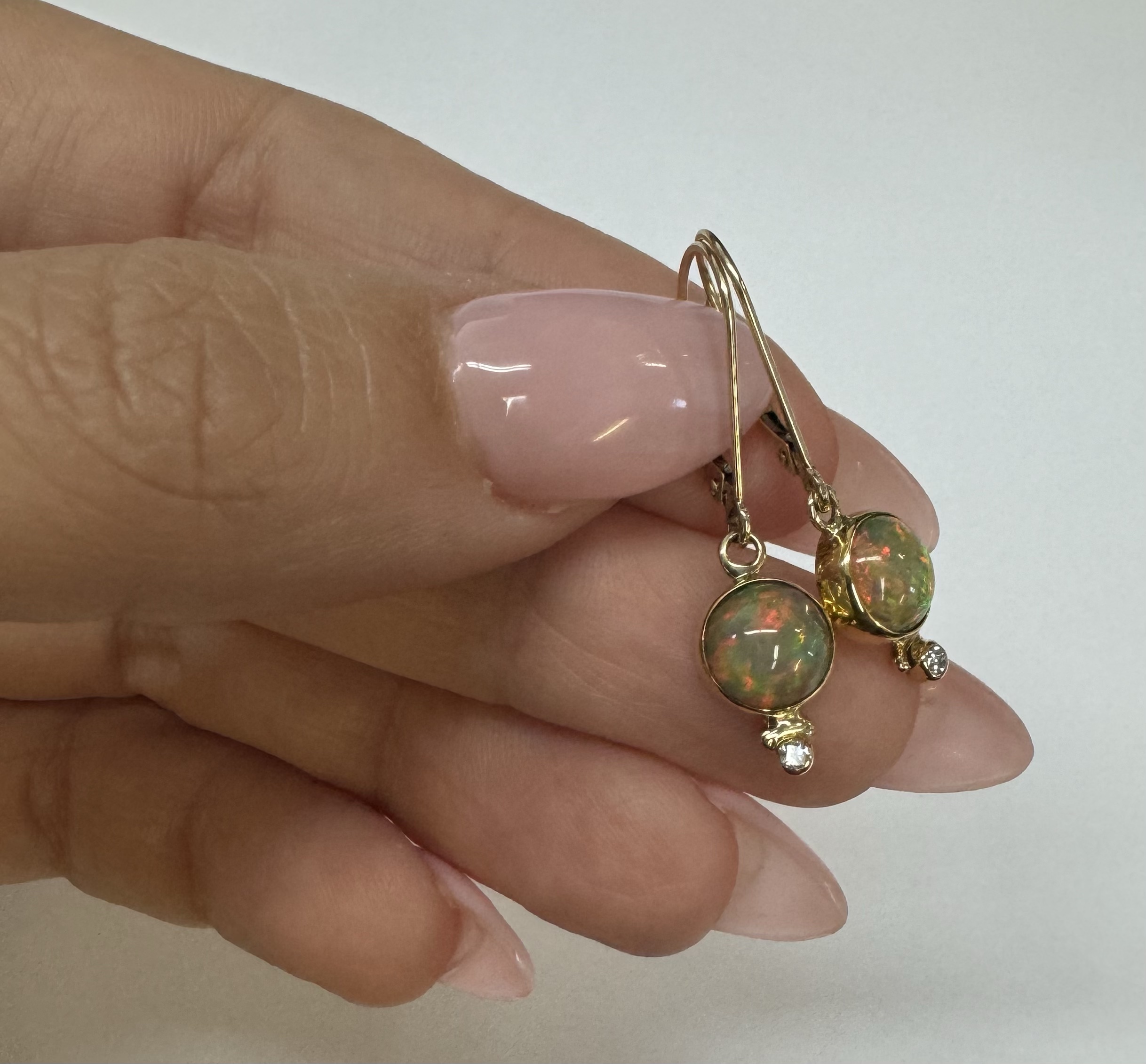 22k Yellow Gold Genuine Ethiopian Opal & Diamond Bezel Set Leverback Dangle Earrings - Image 4