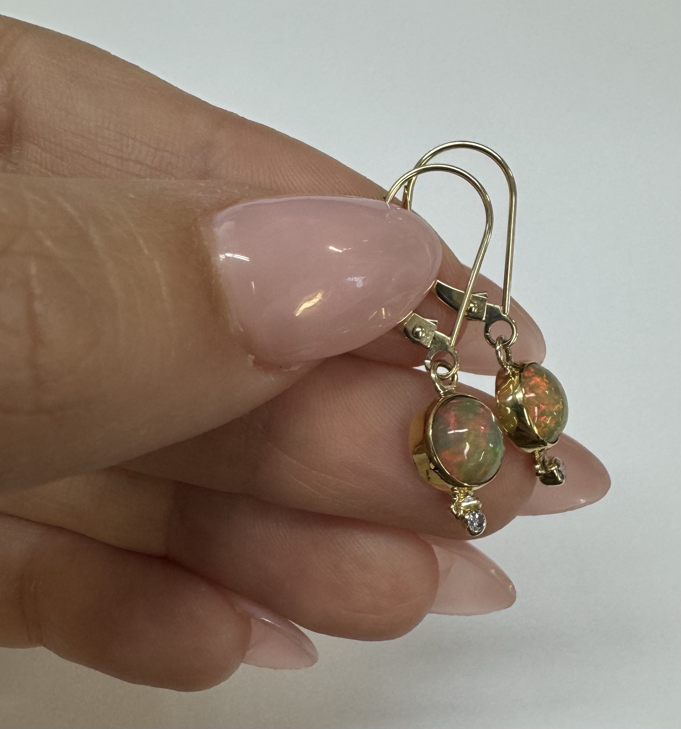 22k Yellow Gold Genuine Ethiopian Opal & Diamond Bezel Set Leverback Dangle Earrings - Image 5