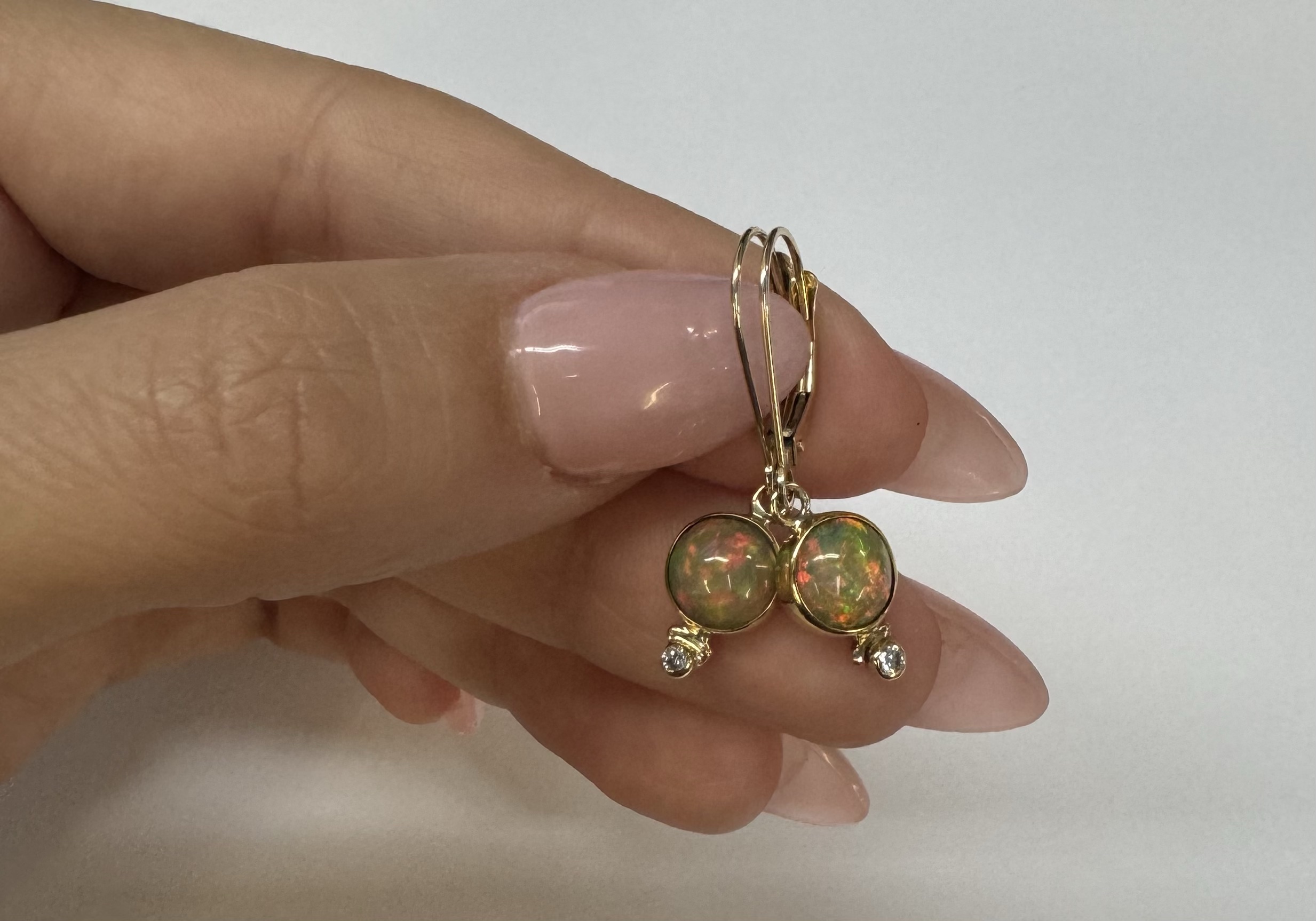 22k Yellow Gold Genuine Ethiopian Opal & Diamond Bezel Set Leverback Dangle Earrings - Image 6