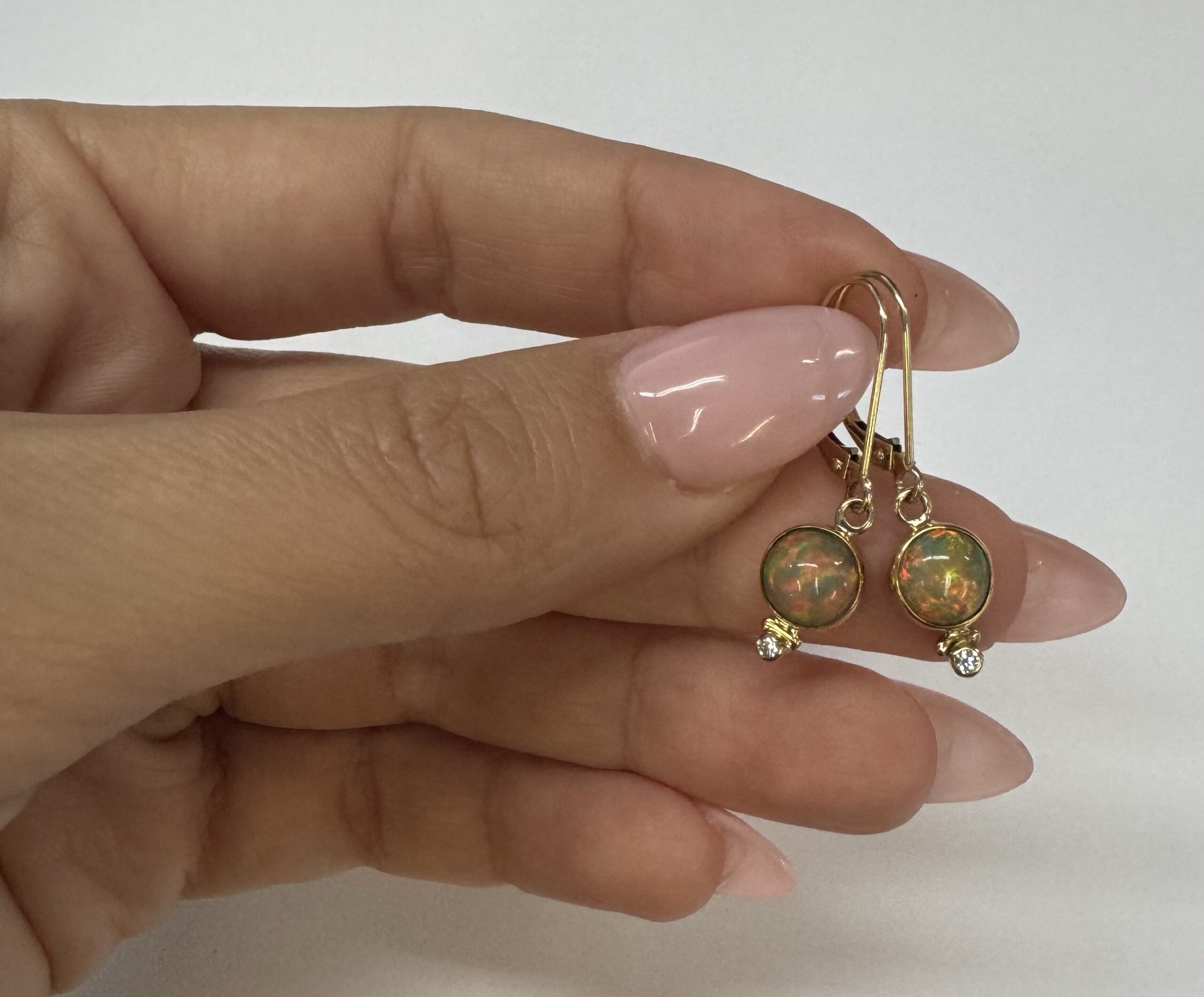 22k Yellow Gold Genuine Ethiopian Opal & Diamond Bezel Set Leverback Dangle Earrings - Image 7
