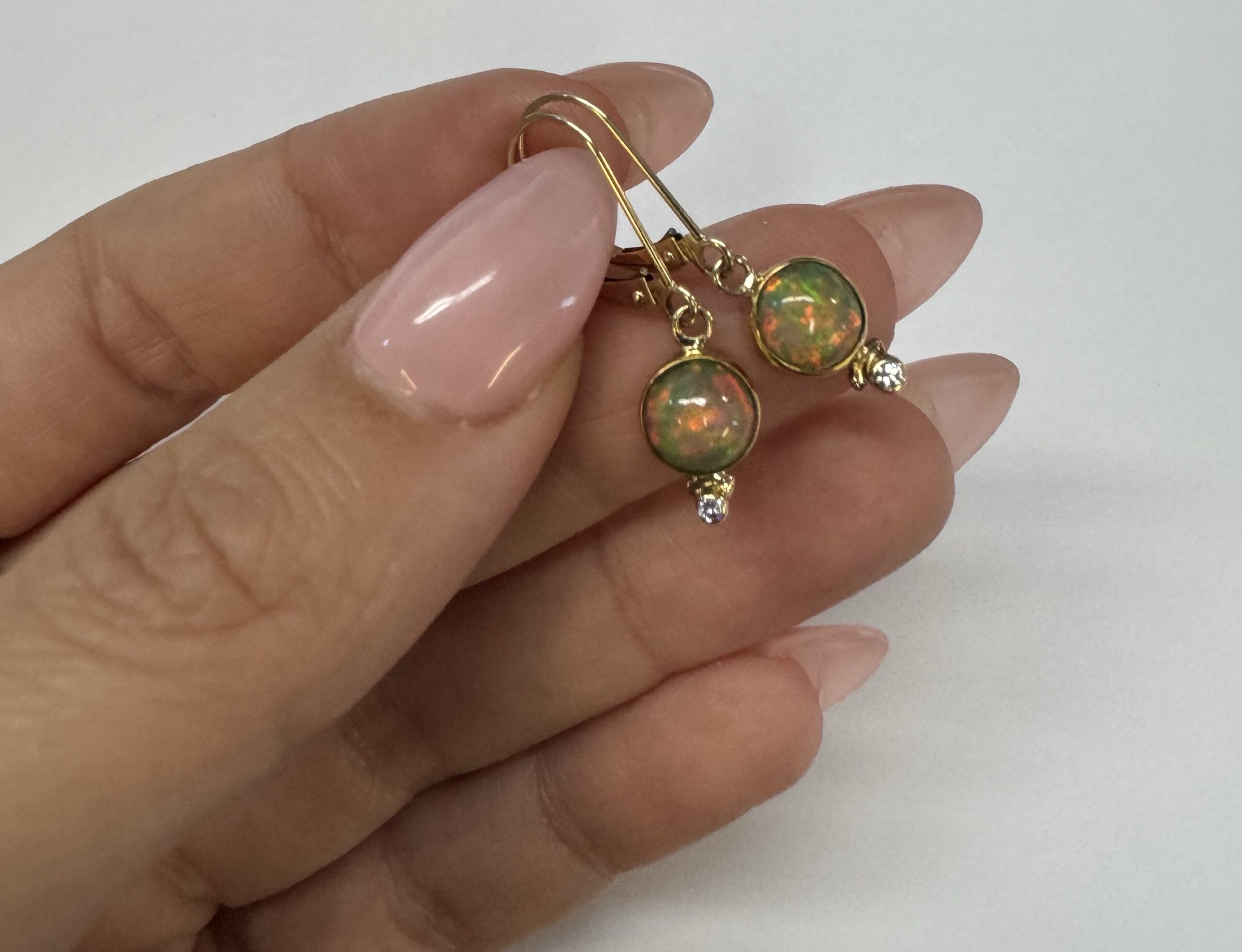 22k Yellow Gold Genuine Ethiopian Opal & Diamond Bezel Set Leverback Dangle Earrings - Image 9