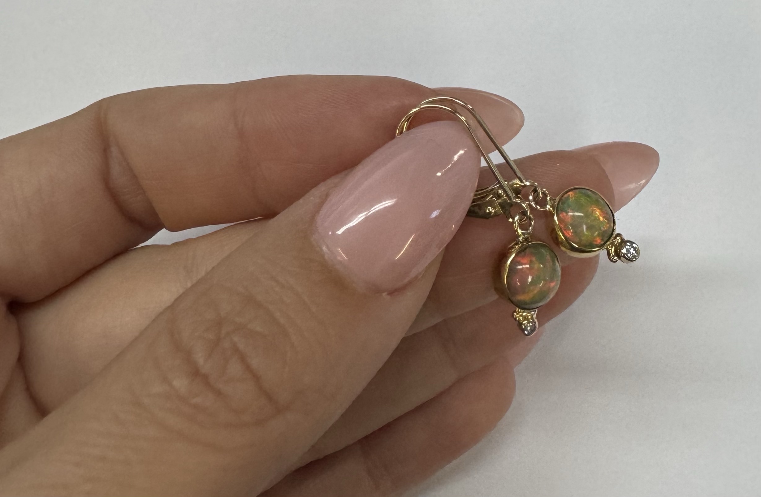 22k Yellow Gold Genuine Ethiopian Opal & Diamond Bezel Set Leverback Dangle Earrings - Image 11