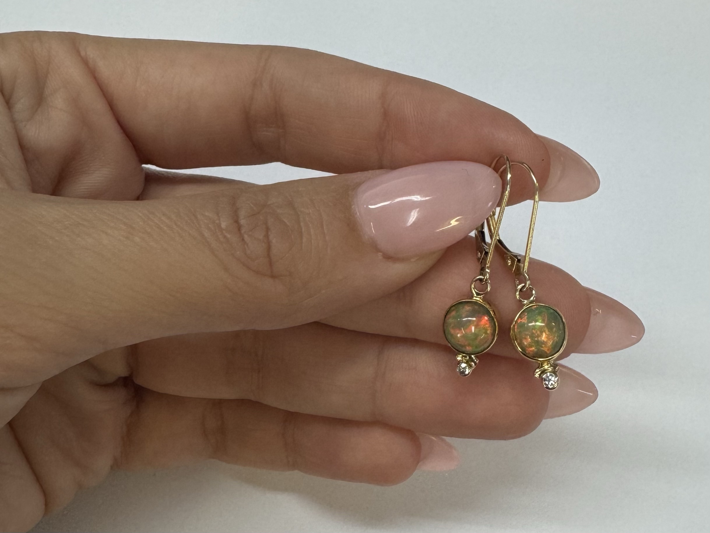 22k Yellow Gold Genuine Ethiopian Opal & Diamond Bezel Set Leverback Dangle Earrings - Image 12