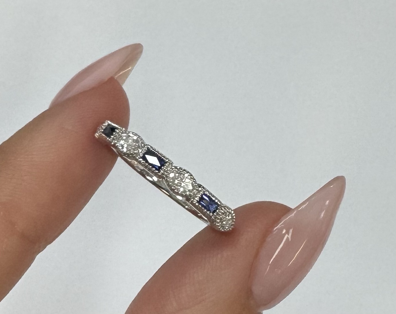 14k White Gold Genuine .28 Cttw Marquise Diamond & Sapphire Band - Image 3