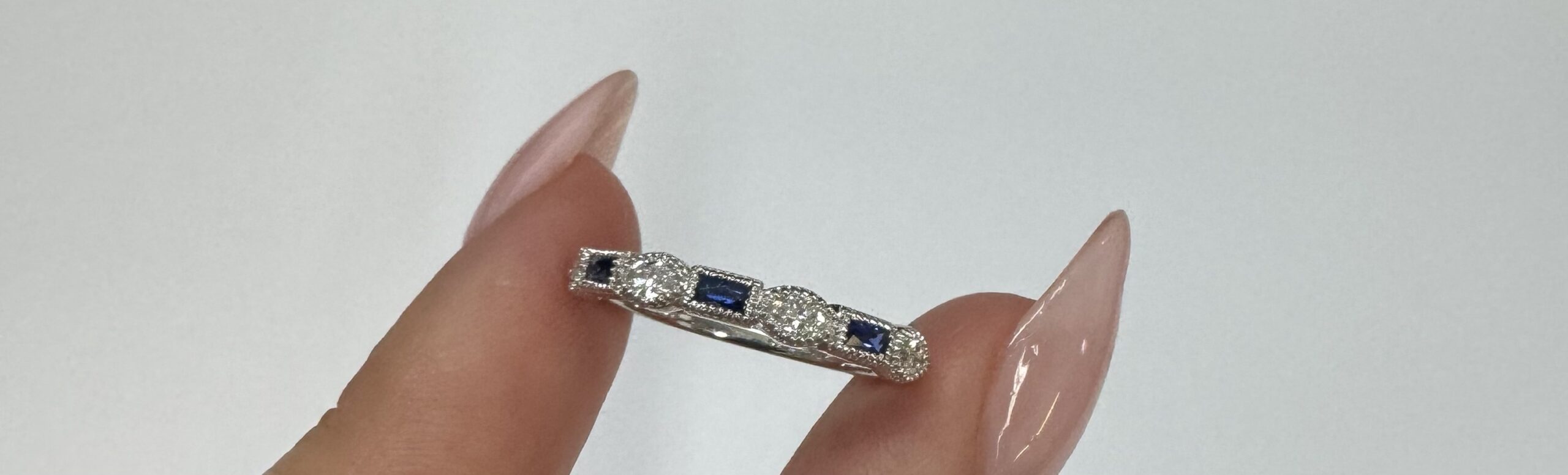 14k White Gold Genuine .28 Cttw Marquise Diamond & Sapphire Band - Image 2