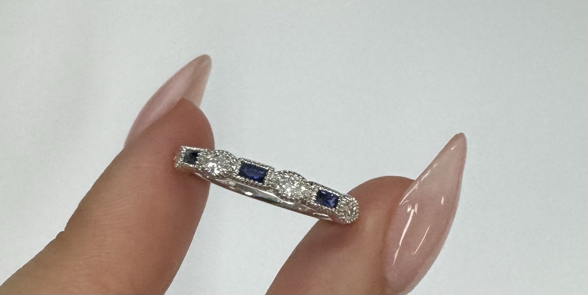 14k White Gold Genuine .28 Cttw Marquise Diamond & Sapphire Band