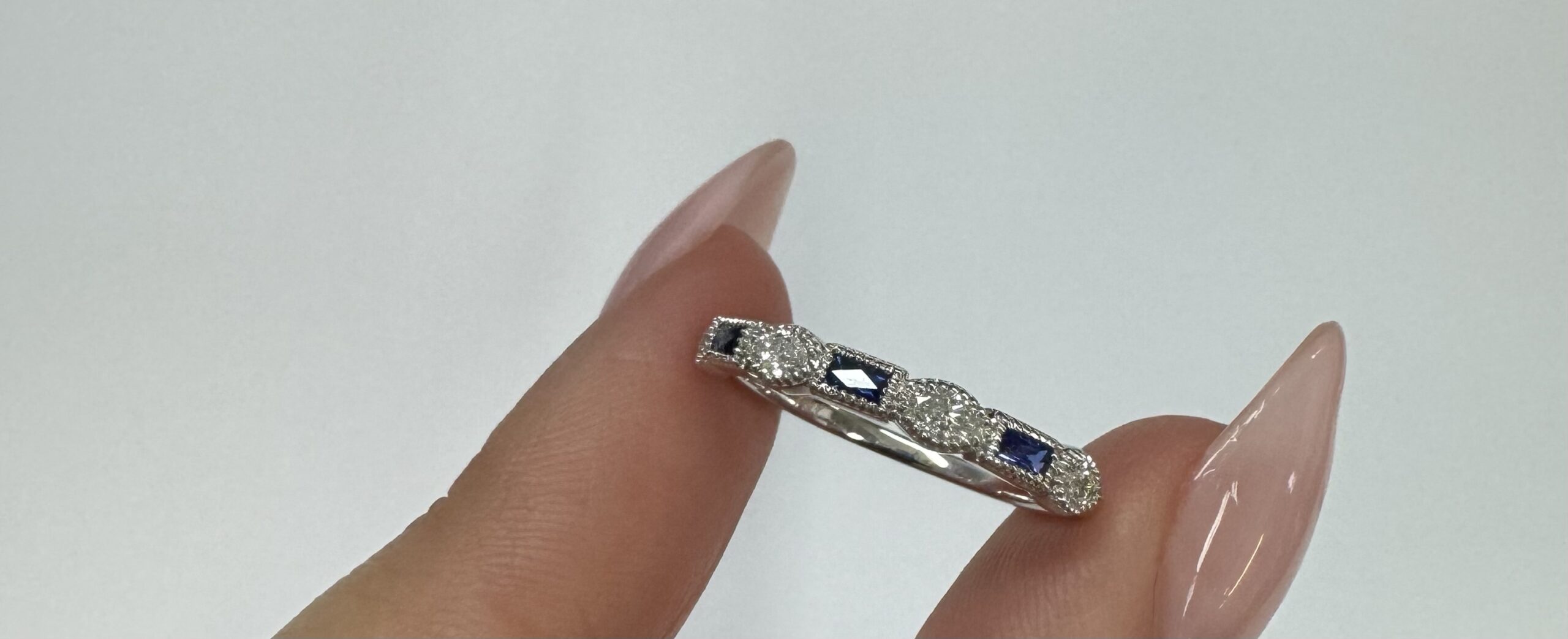 14k White Gold Genuine .28 Cttw Marquise Diamond & Sapphire Band - Image 4