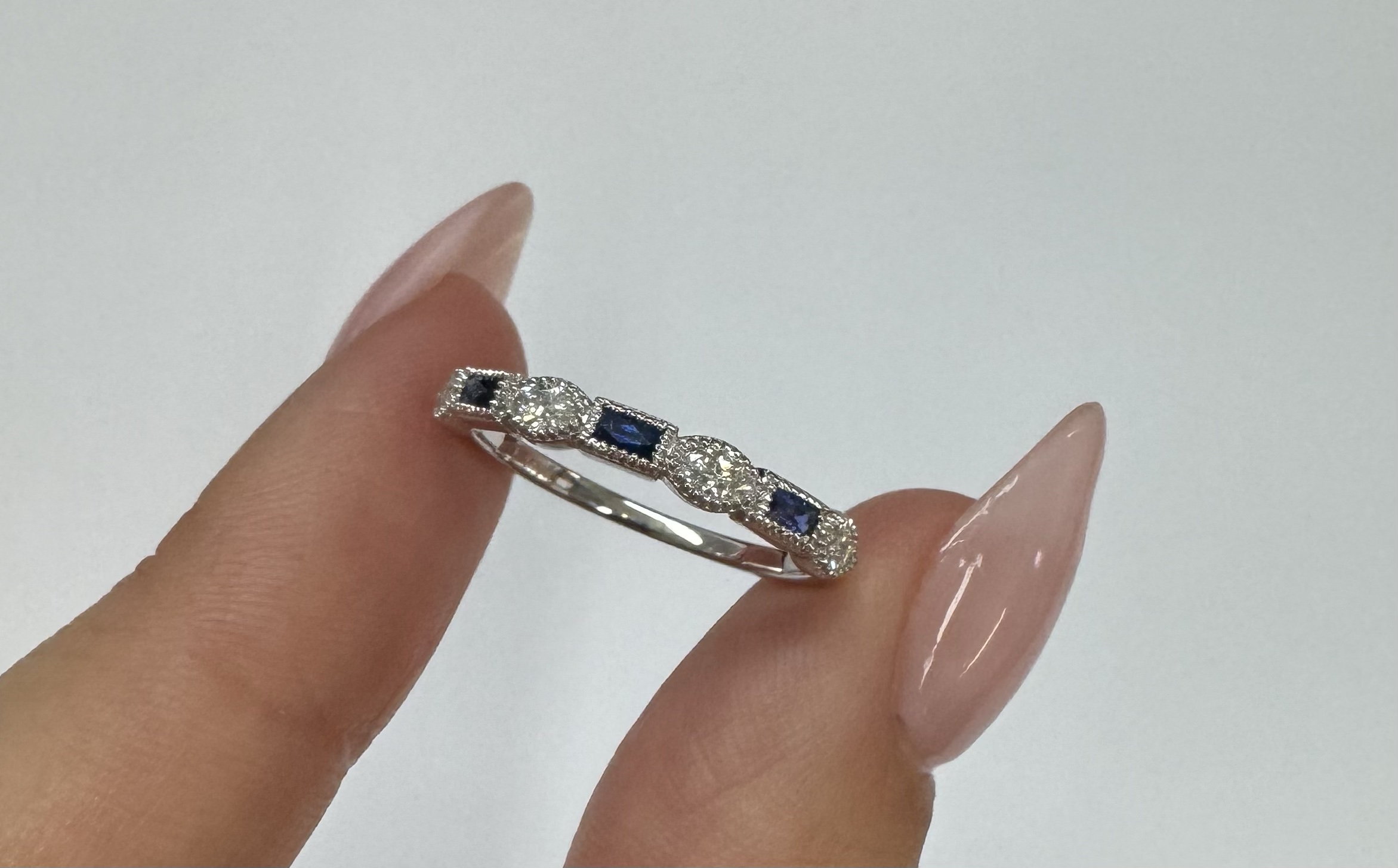 14k White Gold Genuine .28 Cttw Marquise Diamond & Sapphire Band - Image 7