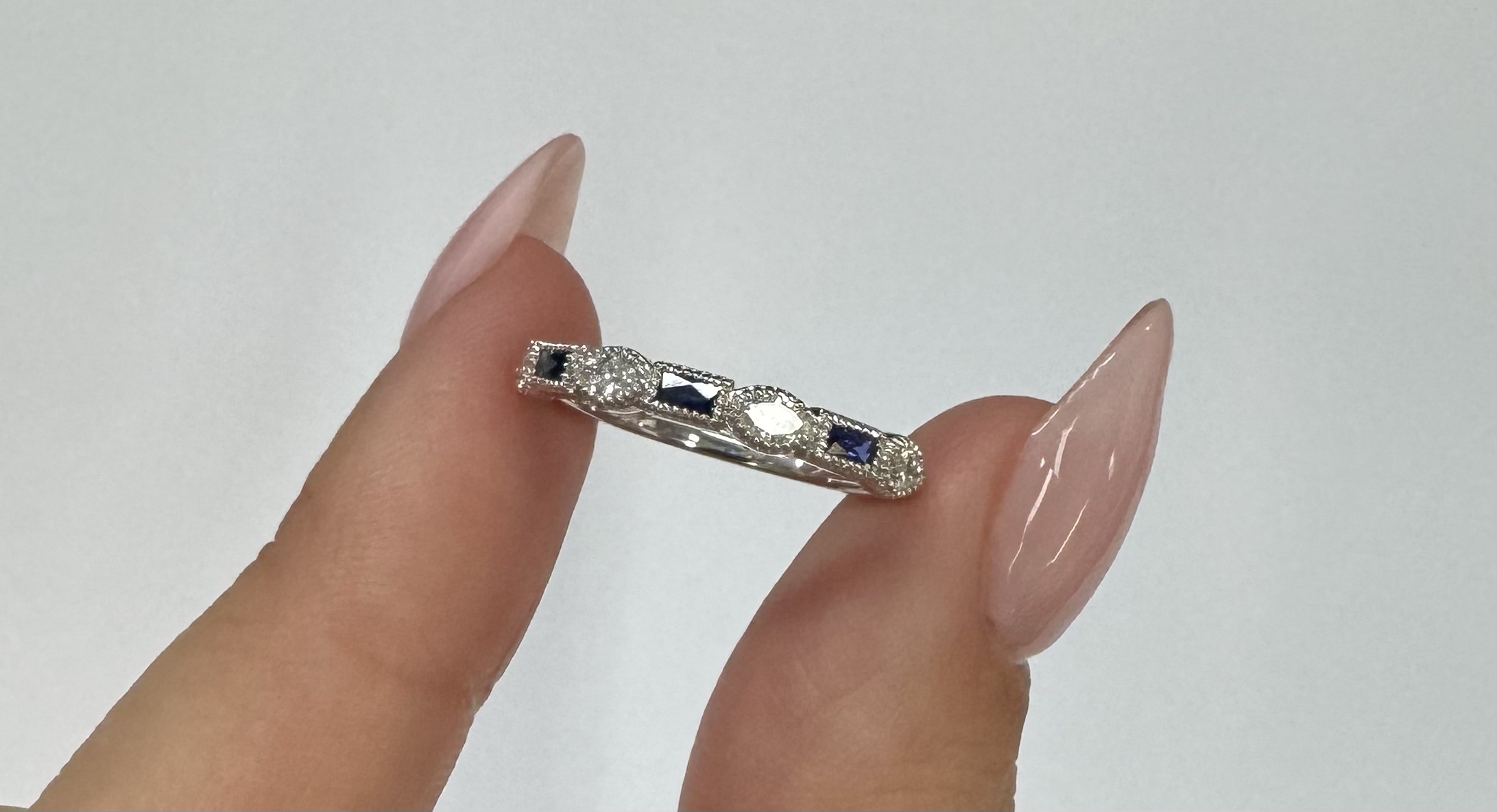 14k White Gold Genuine .28 Cttw Marquise Diamond & Sapphire Band - Image 8