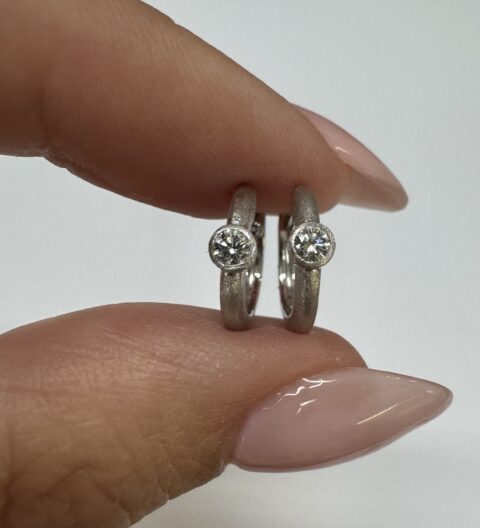 14k White Gold Genuine .15 Cttw Round Brilliant Cut Diamond Bezel Set Hoop Earrings