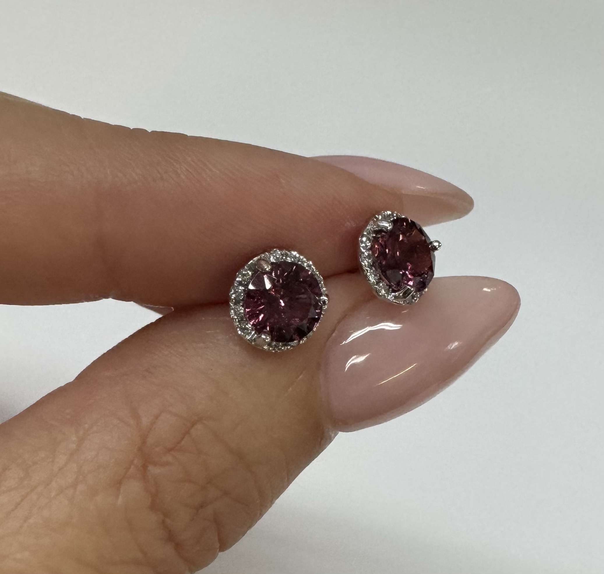 14k White Gold Genuine 1.91 Cttw Rhodolite Garnet & Diamond Halo Stud Earrings - Image 3