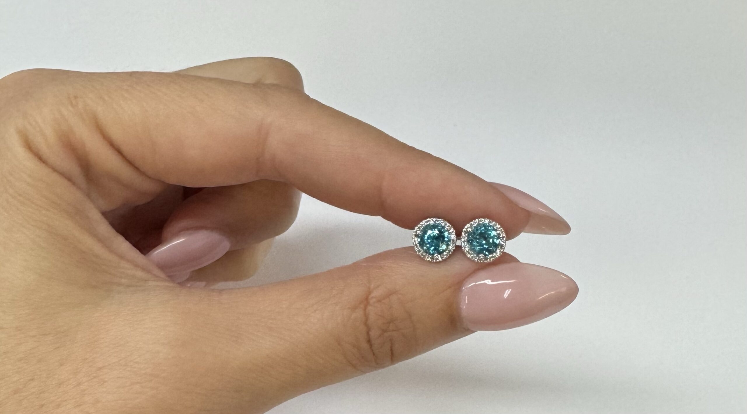 14k White Gold 2.54 Cttw Blue Zircon & .21 Cttw Diamond Halo Stud Earrings - Image 4