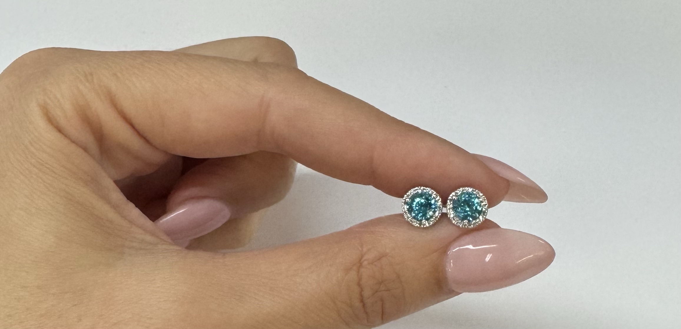 14k White Gold 2.54 Cttw Blue Zircon & .21 Cttw Diamond Halo Stud Earrings - Image 5