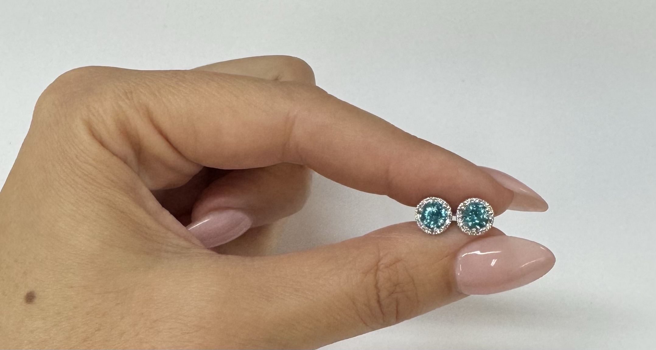 14k White Gold 2.54 Cttw Blue Zircon & .21 Cttw Diamond Halo Stud Earrings - Image 6