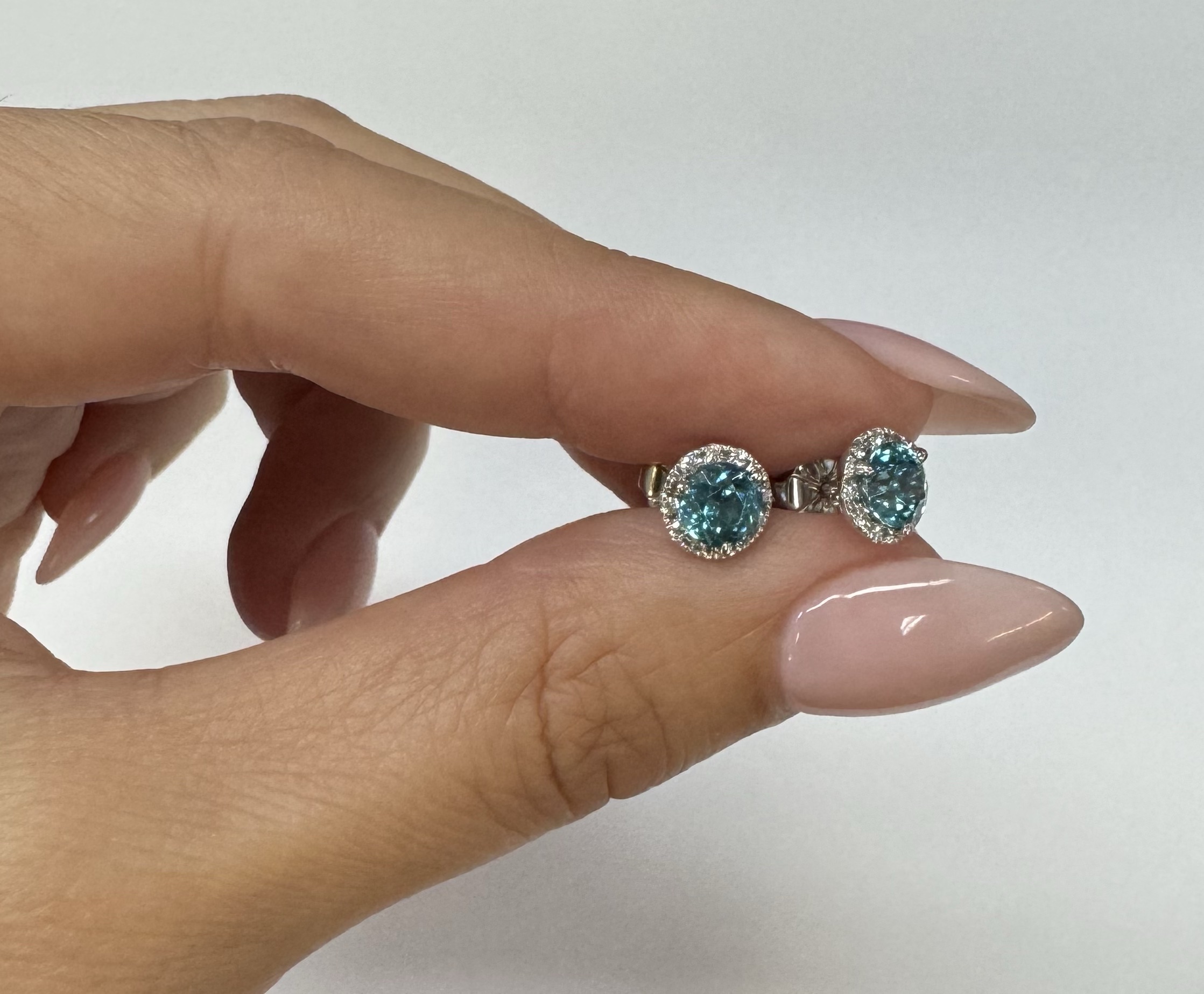14k White Gold 2.54 Cttw Blue Zircon & .21 Cttw Diamond Halo Stud Earrings - Image 7