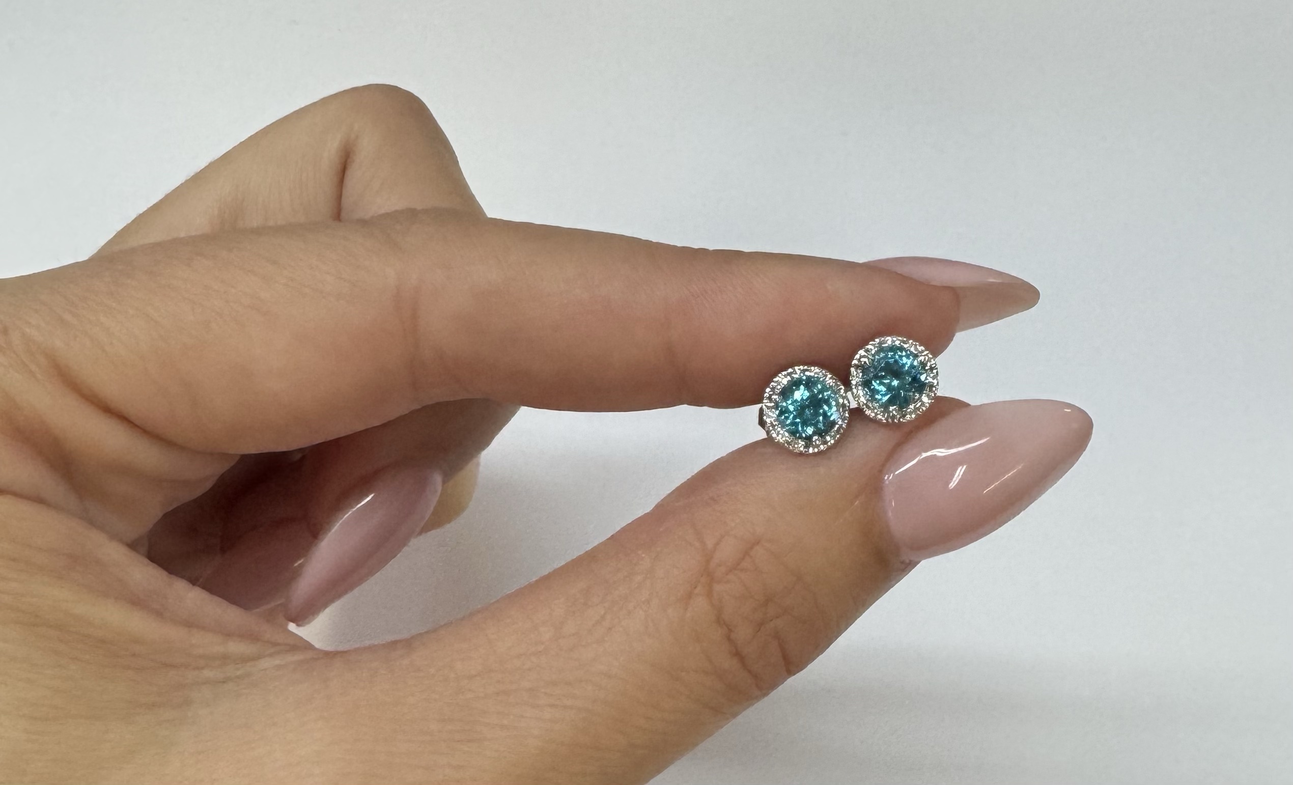 14k White Gold 2.54 Cttw Blue Zircon & .21 Cttw Diamond Halo Stud Earrings - Image 12
