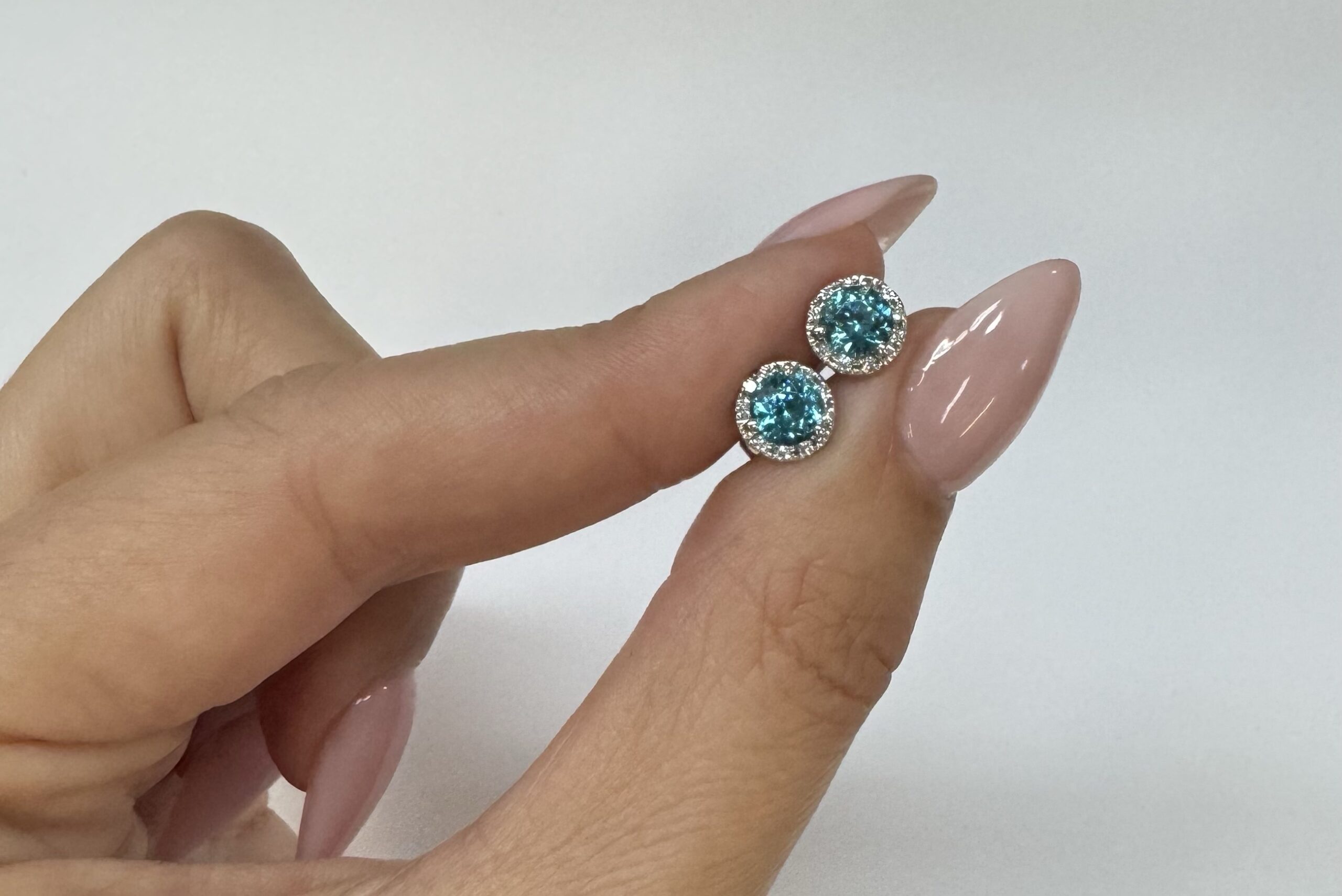 14k White Gold 2.54 Cttw Blue Zircon & .21 Cttw Diamond Halo Stud Earrings - Image 14