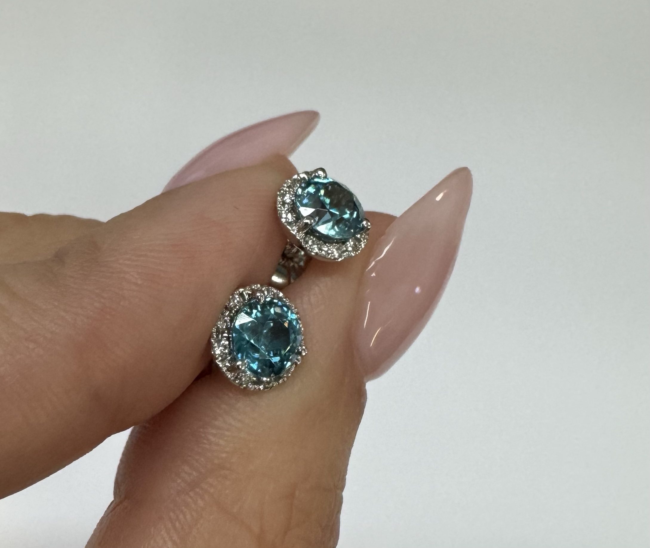 14k White Gold 2.54 Cttw Blue Zircon & .21 Cttw Diamond Halo Stud Earrings - Image 15