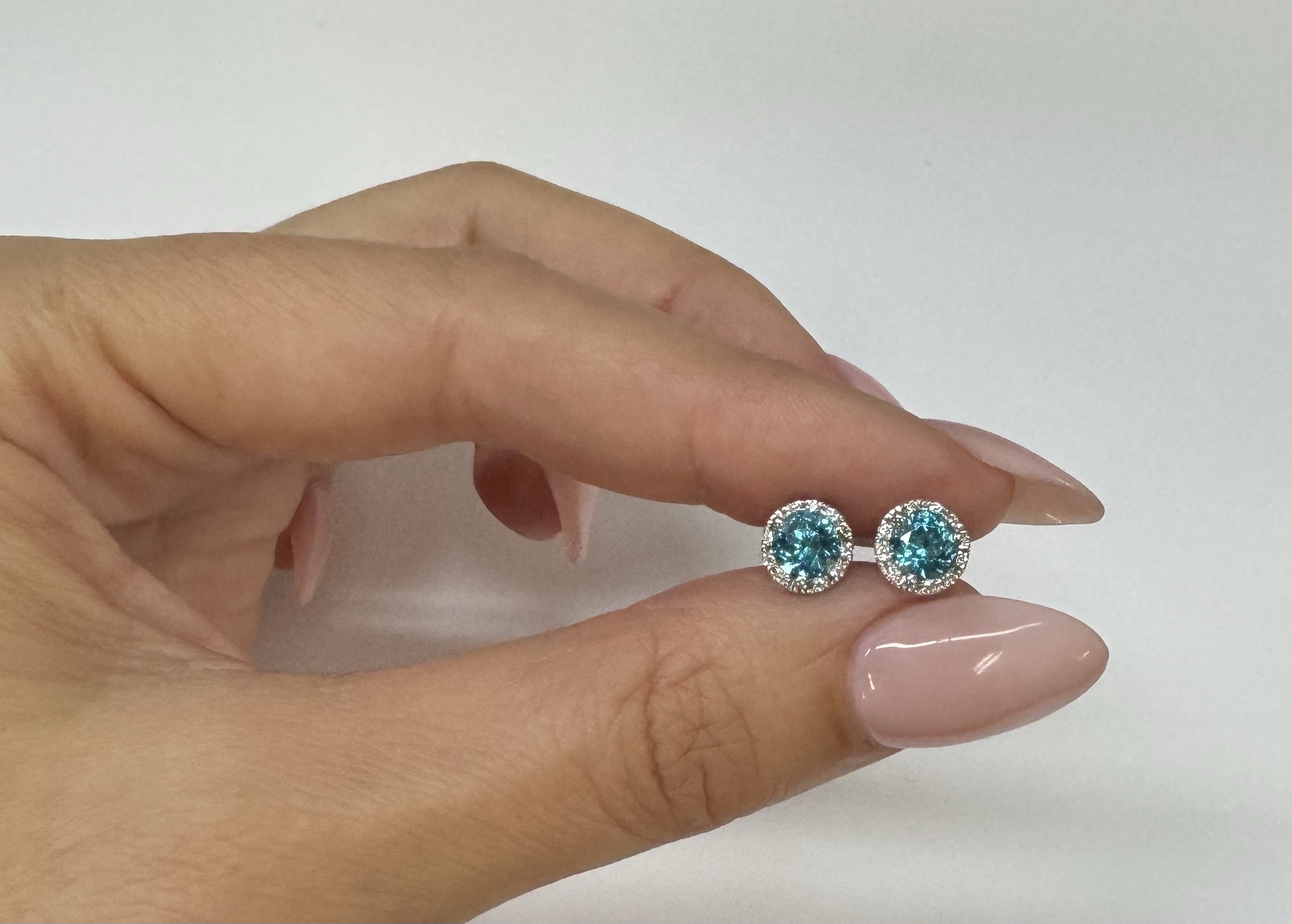 14k White Gold 2.54 Cttw Blue Zircon & .21 Cttw Diamond Halo Stud Earrings - Image 18