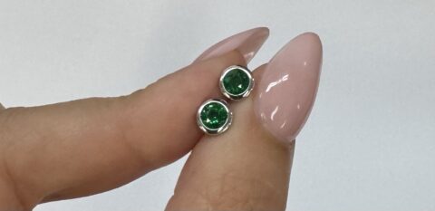 14k White Gold Genuine .62 Cttw Emerald Bezel Set Stud Earrings