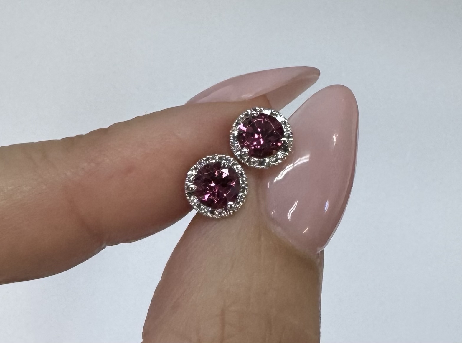 14k White Gold Genuine .97 Cttw Pink Tourmaline & Diamond Halo Stud Earrings