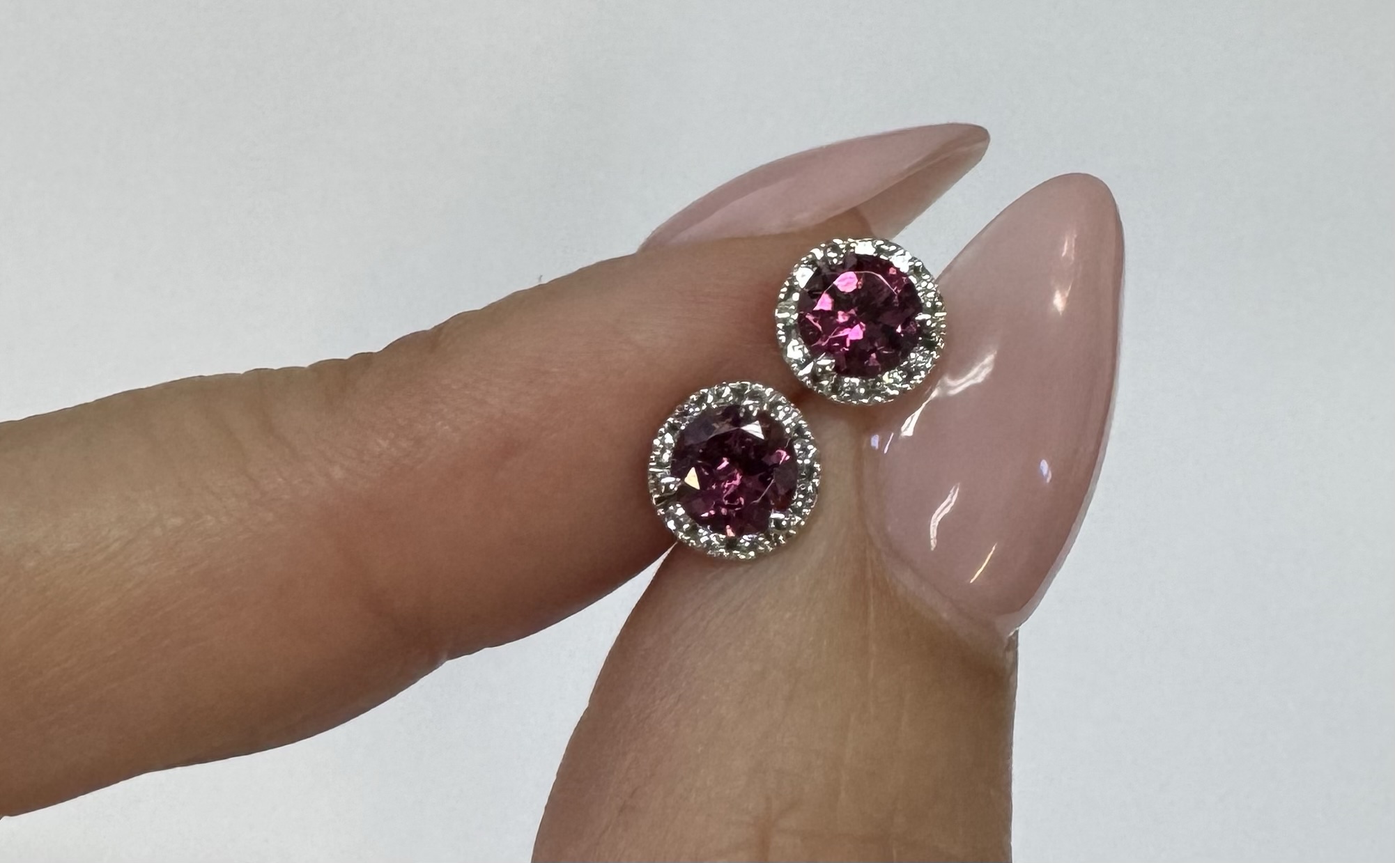 14k White Gold Genuine .97 Cttw Pink Tourmaline & Diamond Halo Stud Earrings - Image 3