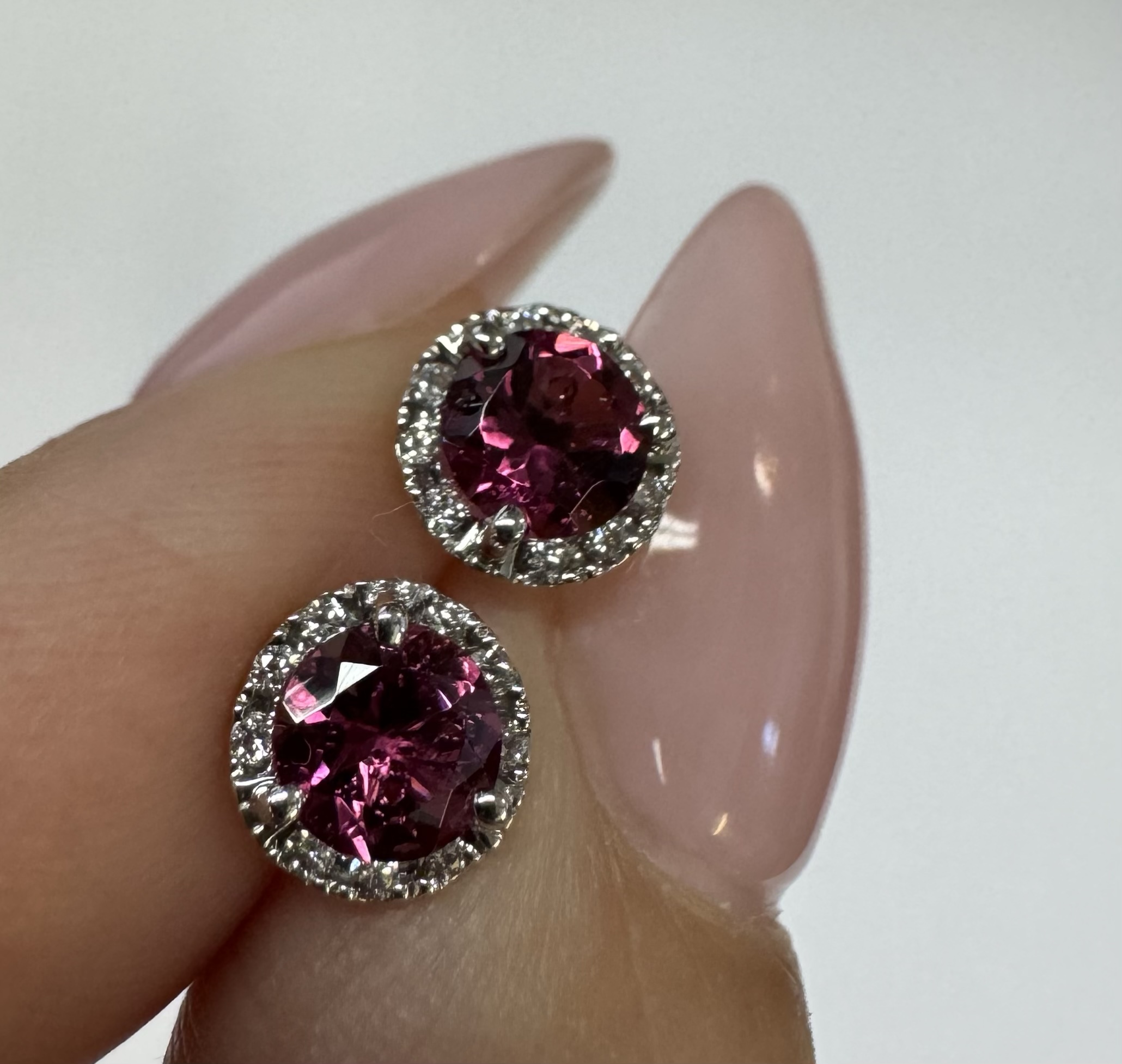 14k White Gold Genuine .97 Cttw Pink Tourmaline & Diamond Halo Stud Earrings - Image 6
