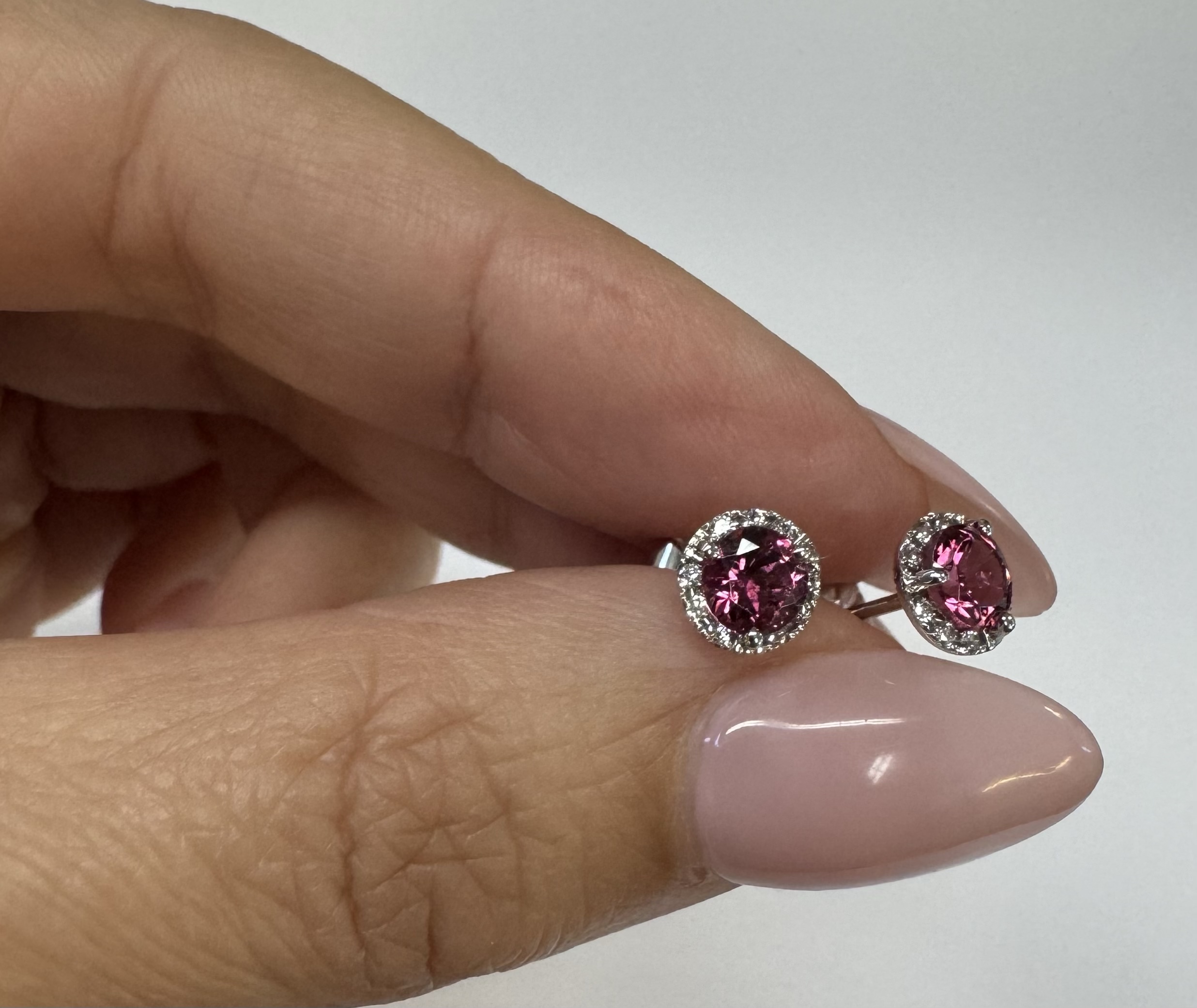 14k White Gold Genuine .97 Cttw Pink Tourmaline & Diamond Halo Stud Earrings - Image 8