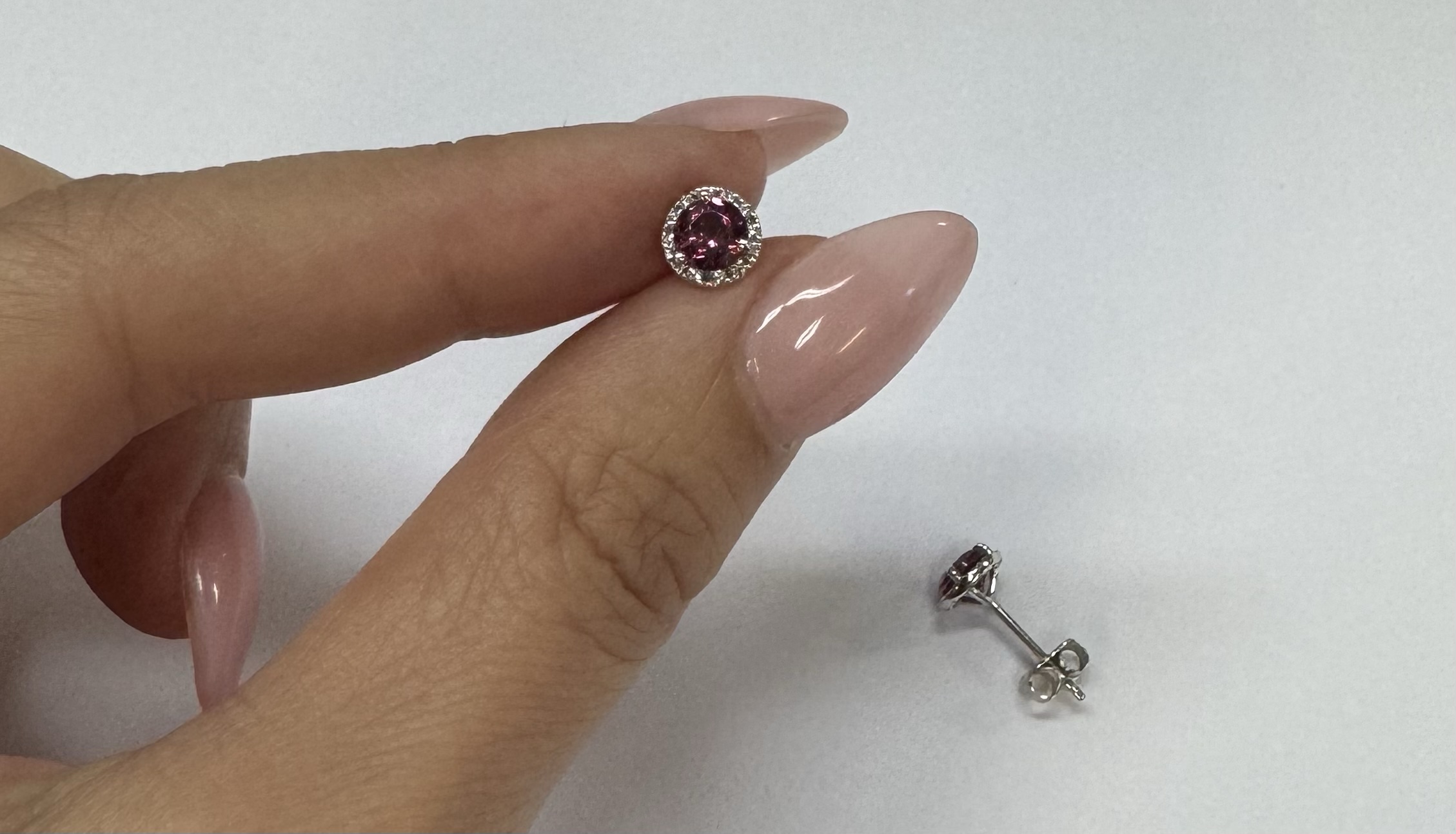 14k White Gold Genuine .97 Cttw Pink Tourmaline & Diamond Halo Stud Earrings - Image 16