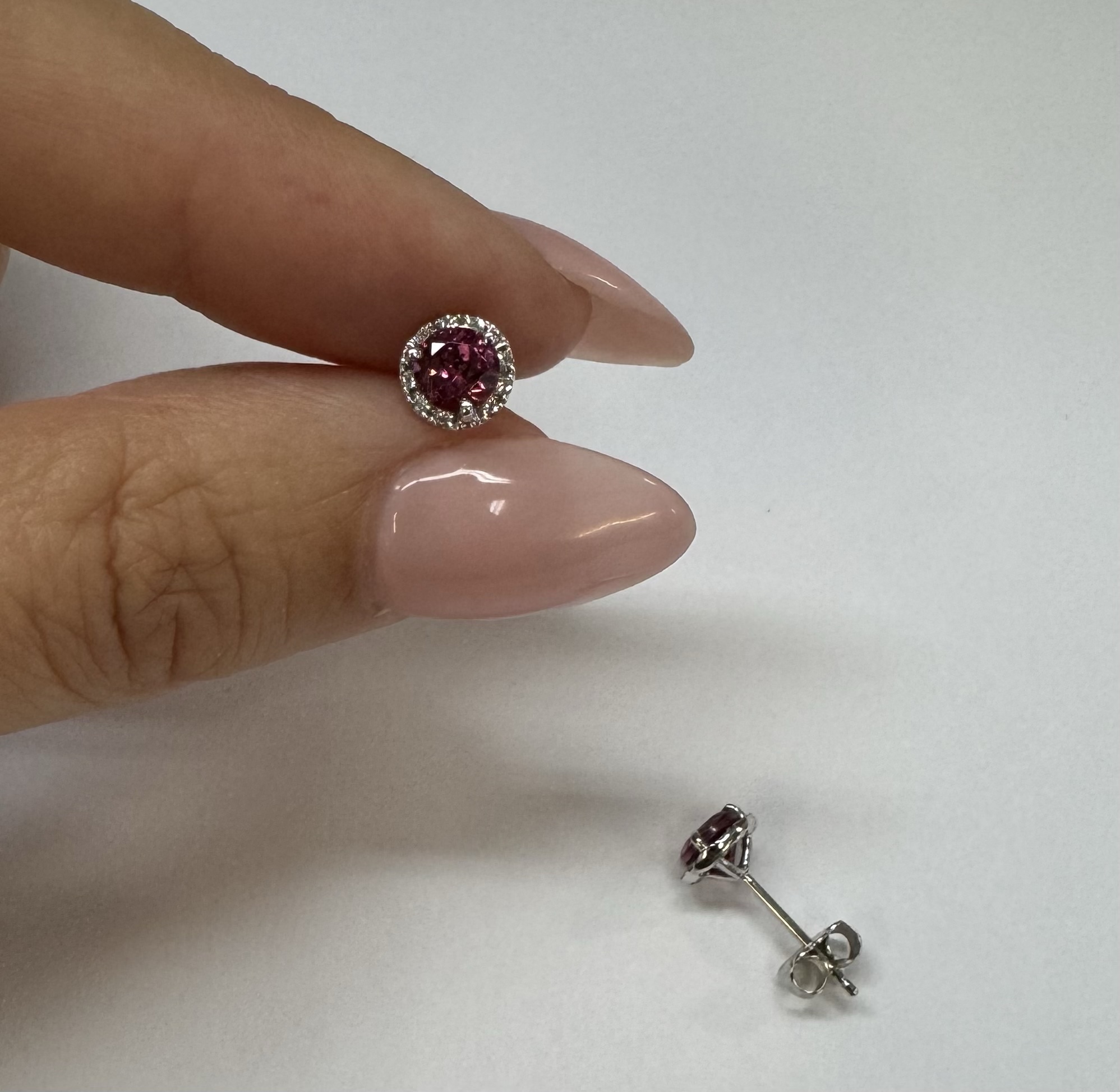 14k White Gold Genuine .97 Cttw Pink Tourmaline & Diamond Halo Stud Earrings - Image 17