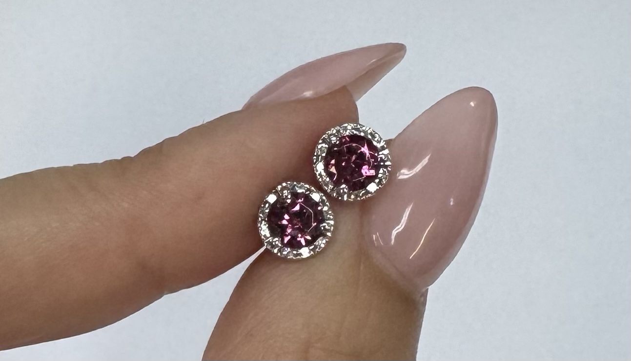 14k White Gold Genuine .97 Cttw Pink Tourmaline & Diamond Halo Stud Earrings - Image 19