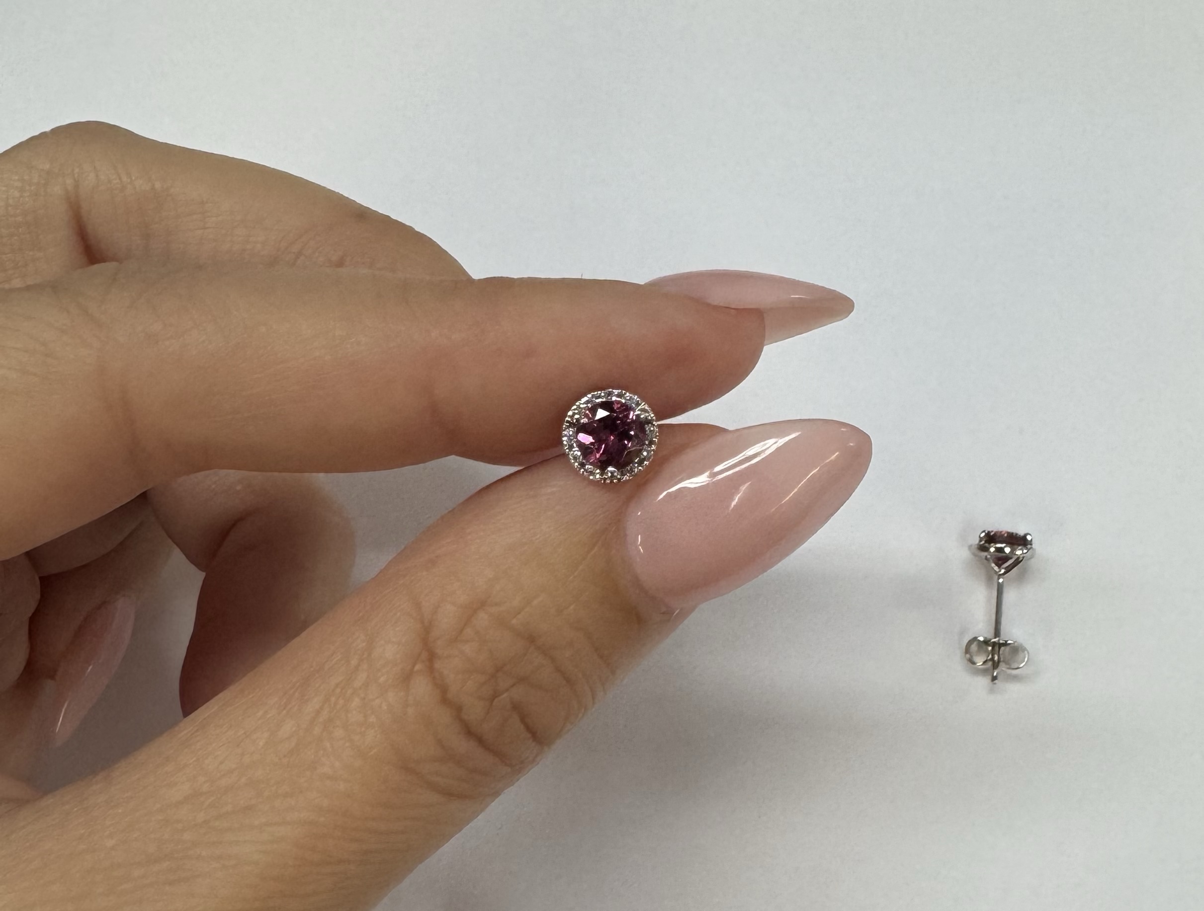 14k White Gold Genuine .97 Cttw Pink Tourmaline & Diamond Halo Stud Earrings - Image 22