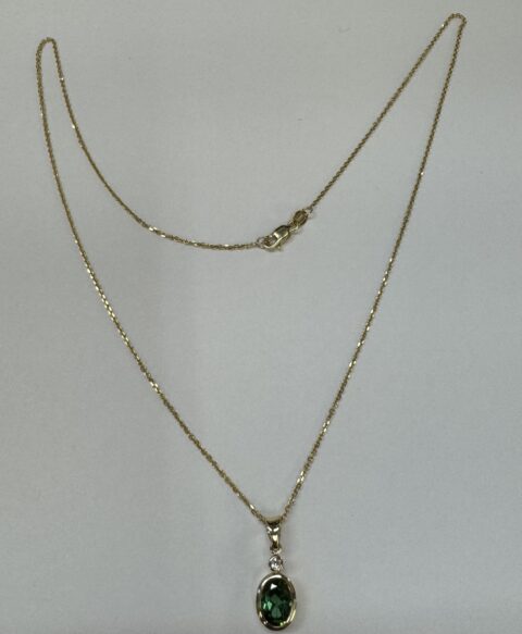 14k Yellow Gold Bezel Set Genuine 1.45 Cttw Green Tourmaline & Diamond Pendant