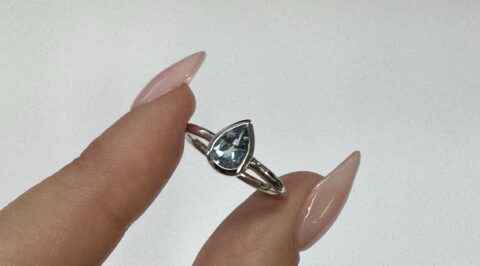 14k White Gold Genuine .59 Cttw Pear Shaped Aquamarine Bezel Ring