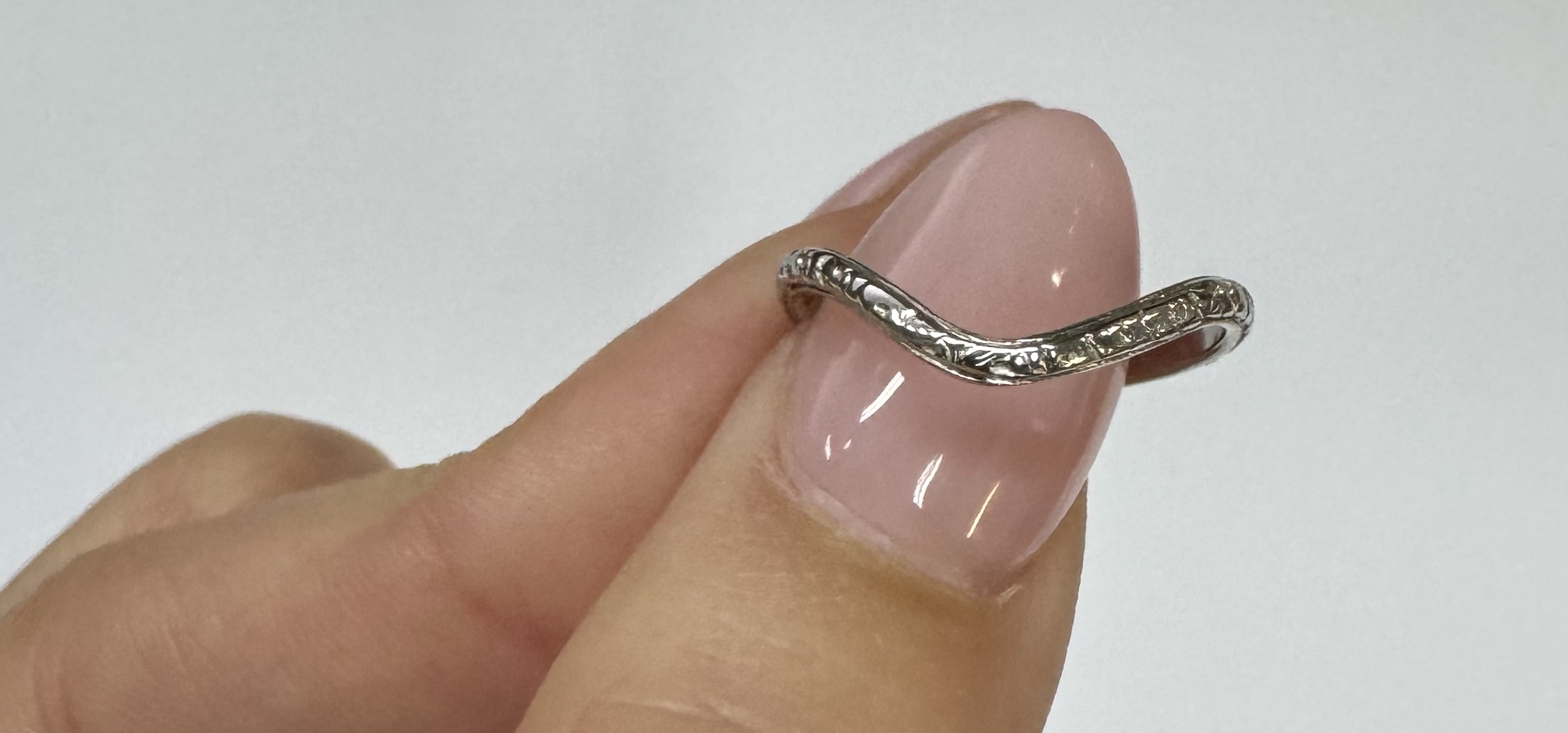 Vintage 18k White Gold Engraved, Curved Wedding Band