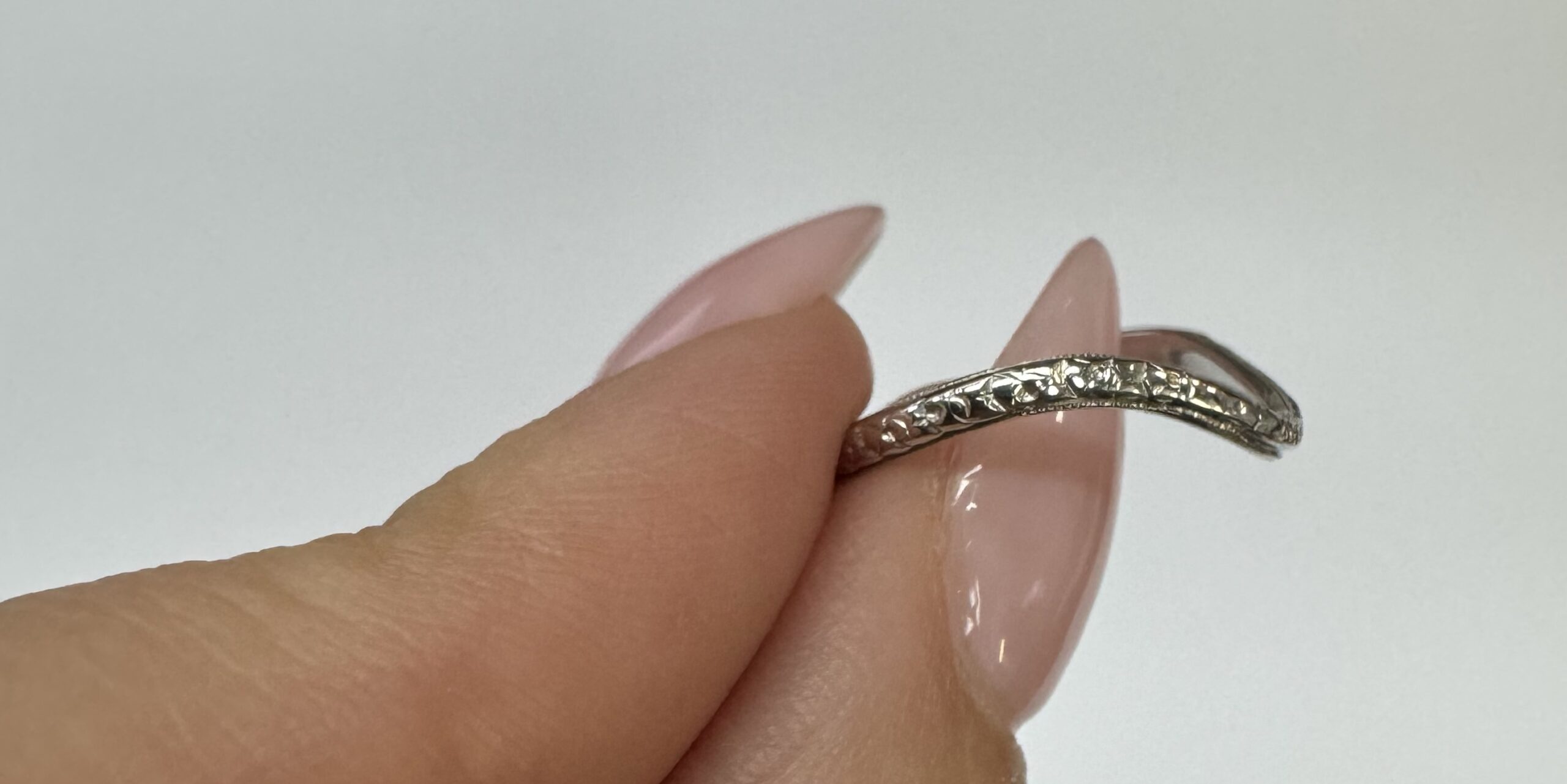 Vintage 18k White Gold Engraved, Curved Wedding Band - Image 4