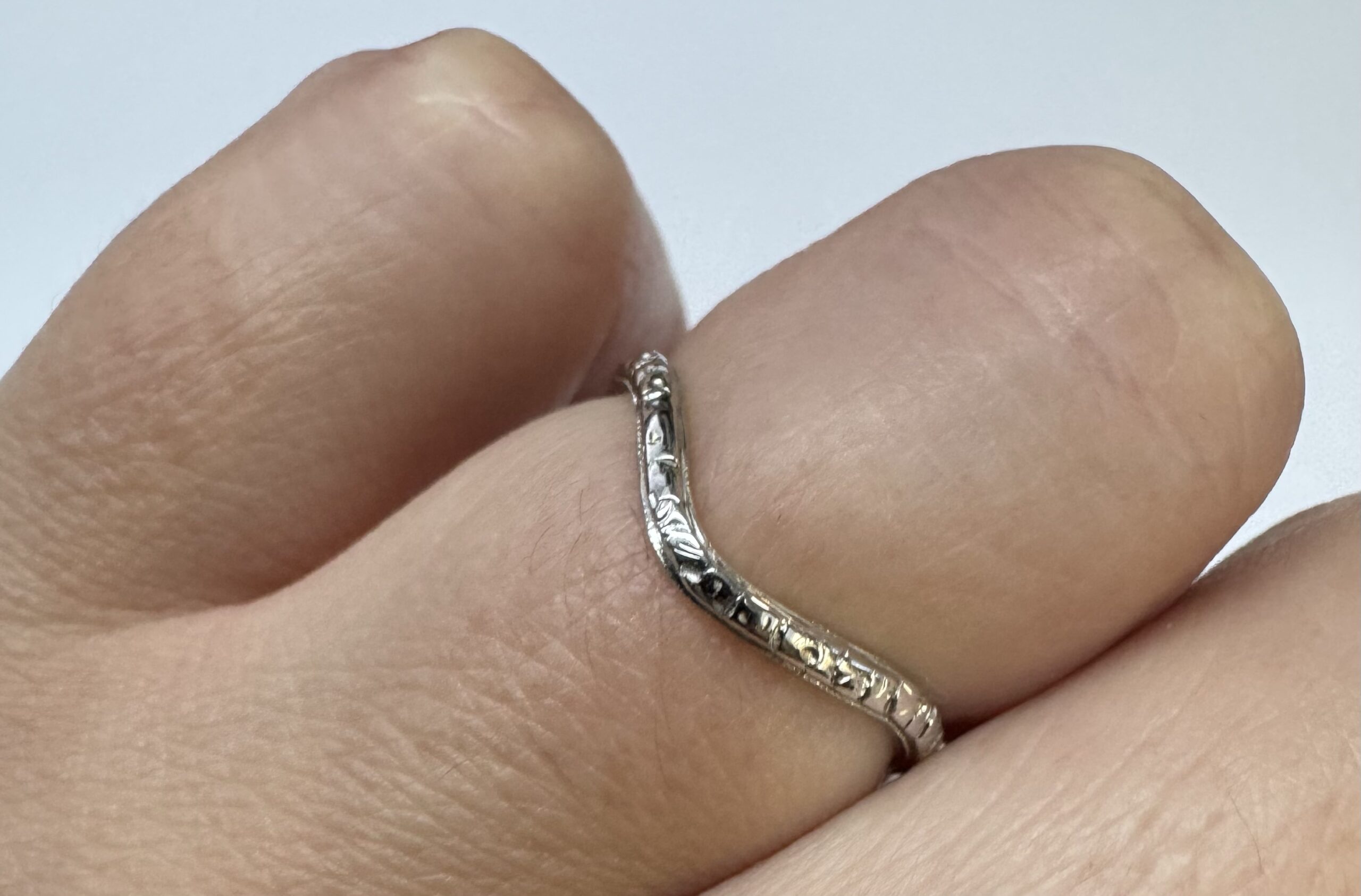 Vintage 18k White Gold Engraved, Curved Wedding Band - Image 12