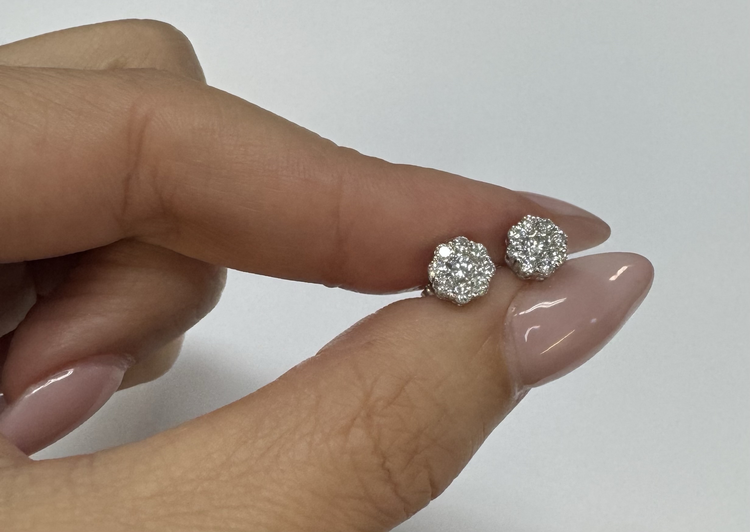 14k White Gold Genuine .71 Cttw Round Brilliant Cut Diamond Cluster Stud Earrings - Image 6