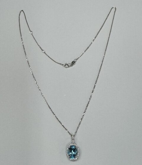 14k White Gold Genuine 3.00 Carat Blue Topaz & Diamond Halo Pendant
