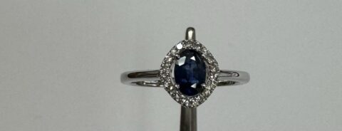 18k White Gold Genuine .63 Cttw Sapphire & Diamond Halo Ring