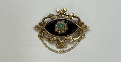 Antique 14k Yellow Gold Onyx & Seed Pearl Brooch