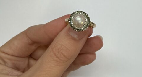 14k Yellow Gold 7 MM Cultured Pearl & Diamond Cluster Ring