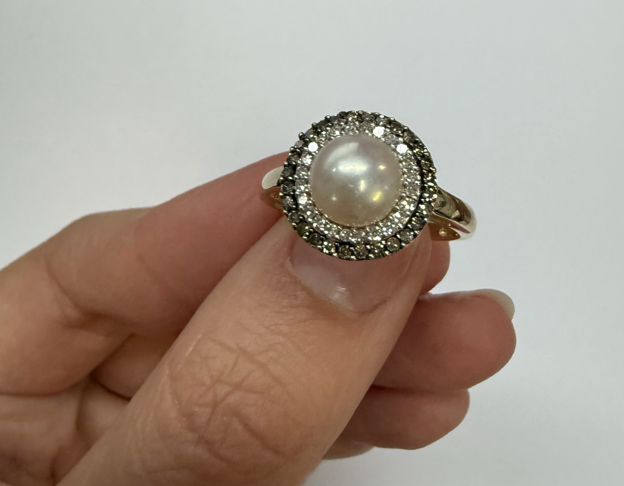 14k Yellow Gold 7 MM Cultured Pearl & Diamond Cluster Ring - Image 2